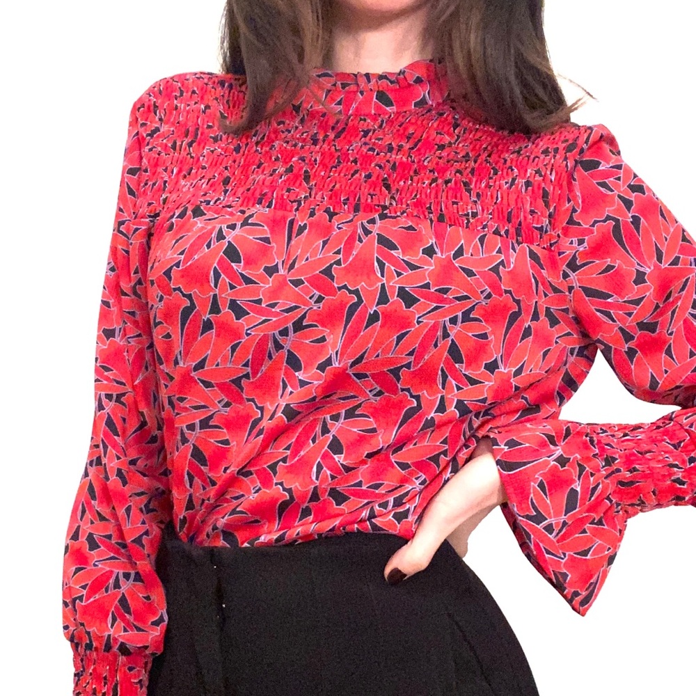 Red and black print shirred top